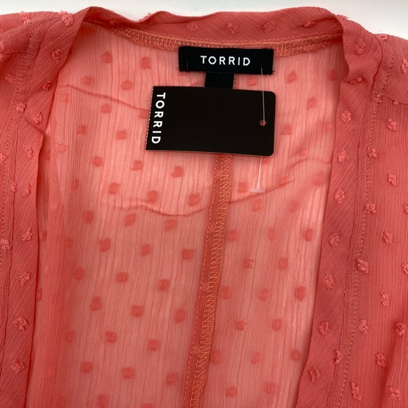 Torrid Women’s Plus Size Coral Pink Hi-Lo Clip Dot Open Kimono Sizes 1X 2X 3X 4X - Picture 8 of 14